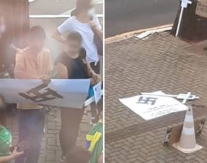 Cartaz com suástica é flagrado em protesto contra vacina em Londrina
