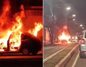 Carro fica destruído após incêndio na Avenida Maringá em Londrina