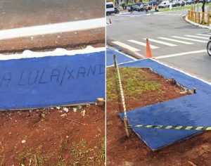 Militantes vandalizam calçada durante ato contra o governo em Londrina