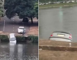 Automóvel cai no Lago Igapó em Londrina; guinchos fizeram retirada