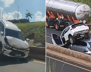 Carros ficam empilhados após grave acidente em rodovia de Cambé