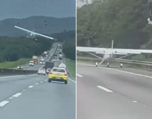 Vídeo: avião faz pouso forçado entre veículos em rodovia de SC