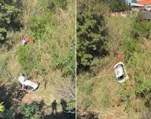 Carro cai de ribanceira às margens da Avenida Brasília em Londrina