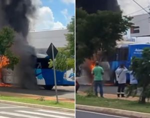 Ônibus é destruído por fogo e passageiros descem correndo em Londrina