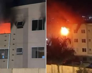 Bombeiros resgatam cão durante incêndio em apartamento no Acquaville